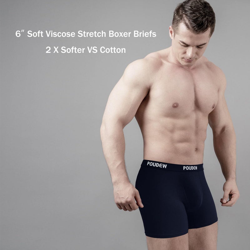 POUDEW Men's Breathable Viscose Moisture Wicking No Roll Waistband Tagless Underwear Boxer Briefs, Pack of 5 (Medium, Black/Grey/Navy/Blue/Red) - Image 3